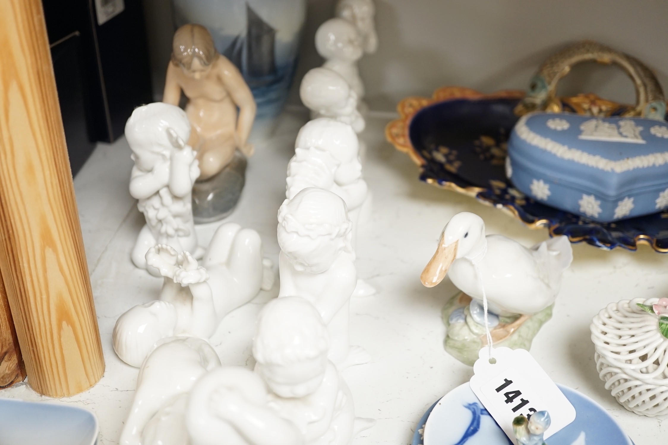A Royal Copenhagen vase, various dishes and four ornaments, ten Bing & Grondahl figures, two Wedgwood jasperware pots and other ceramics, tallest 18cm